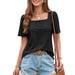 Color-Black-Summer Women Clothing Square Neck T Shirt Mesh Hollow Out Cutout Out Short Sleeved Casual Top-Fancey Boutique