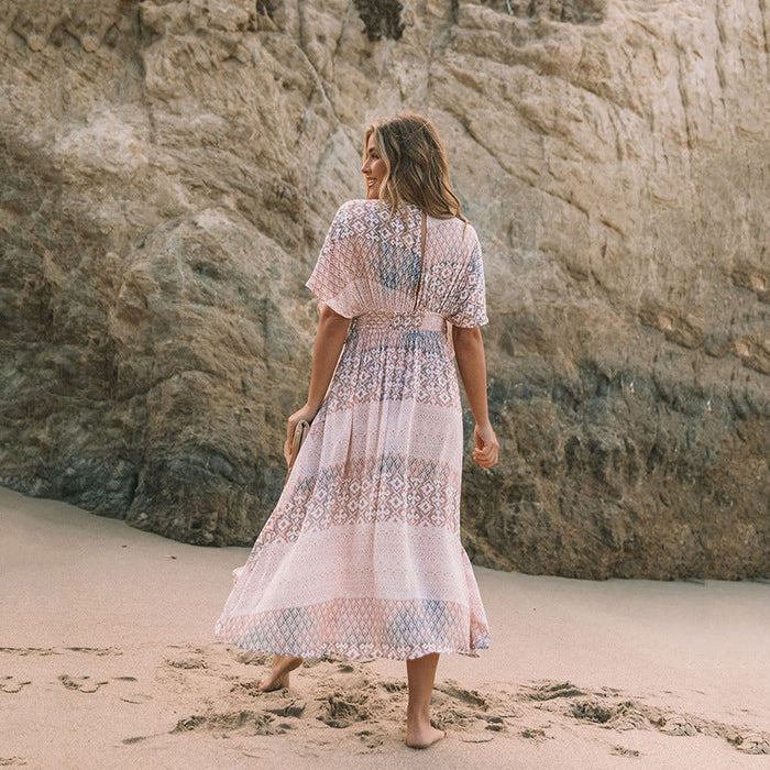 Color-Light Pink Square-Spring Printed Dress Women Bohemian Irregular Asymmetric Pattern Print Beach Sun Shield Hanfu Long Robe Women-Fancey Boutique