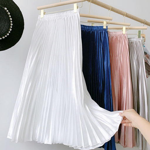 Color-White-High Waist Satin Metallic Pleated Skirt Spring Summer Women Retro Mid-Length Slimming A- line Skirt-Fancey Boutique