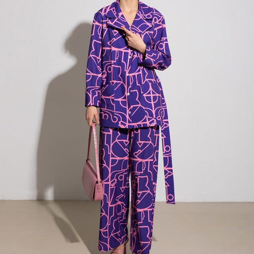 Color-Purple-Printed Purple Printed Collared Pajama Pants Autumn Winter Pajamas Women Loose Comfortable Homewear-Fancey Boutique