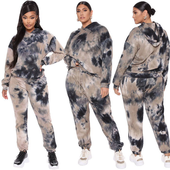 Color-Plus Size Popular Autumn Sping Tie-Dyed Loose Hooded Sweater Casual Set-Fancey Boutique