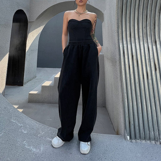 Color-Dark Design Pants Suit Spring Tube Top Short Vest High Waist Solid Color Wide Leg Trousers-Fancey Boutique