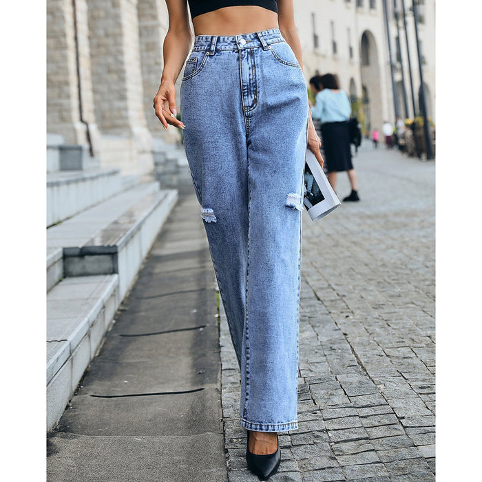 Color-Women Clothing High Waist Loose Mop Slimming Fashionable Ripped Denim Trousers-Fancey Boutique