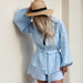 Color-Blue Cotton Linen Collared Lantern Long Sleeve Belt Pants Loose Outfit Summer-Fancey Boutique
