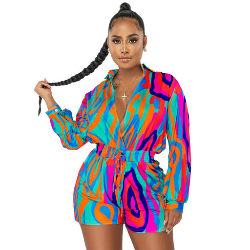 Color-Blue-Women Clothing Fall Winter Printed Shirt Collar Casual Jumpsuit-Fancey Boutique