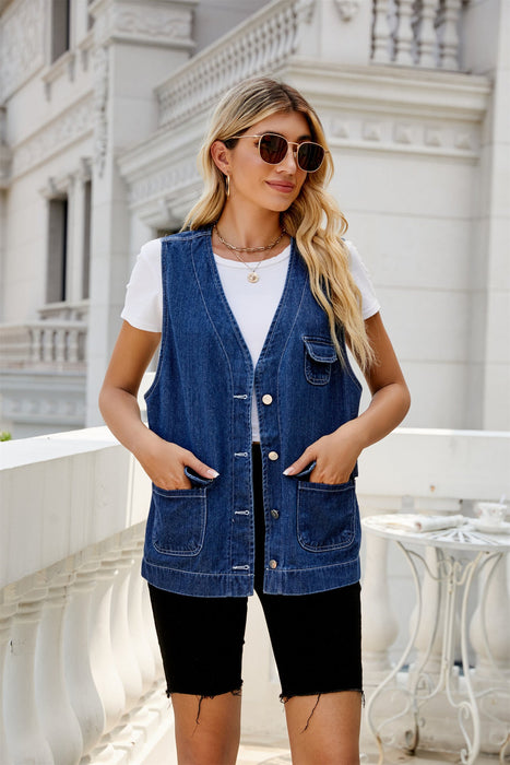 Color-Denim Waistcoat Vest Multi Pocket Personalized Spring Autumn Washed Waistcoat Women-Fancey Boutique