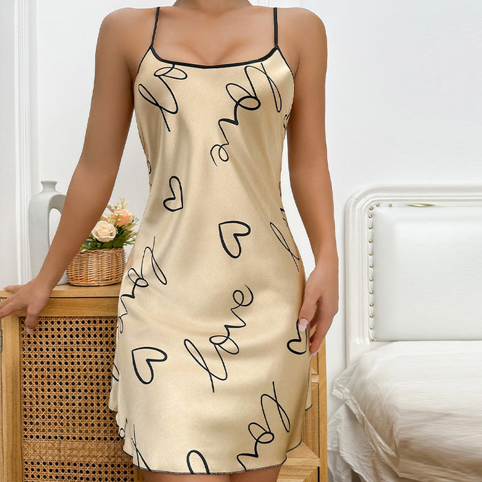 Color-Ice Silk Nightdress Sexy Backless Slip Dress Pajamas Thin Breathable Pajamas Women Printed Short-Fancey Boutique