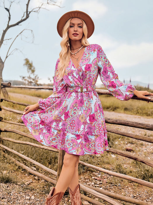 Color-Pink-Casual Printing Autumn Winter Women Clothing V neck Belt Long Sleeve Dress-Fancey Boutique