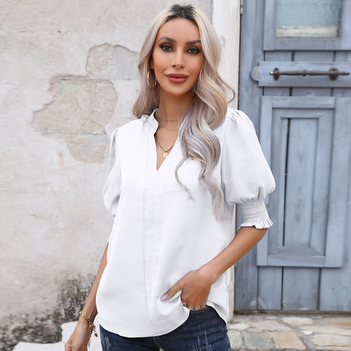 Color-White-Summer Office Solid Color Top V neck Chiffon Shirt-Fancey Boutique