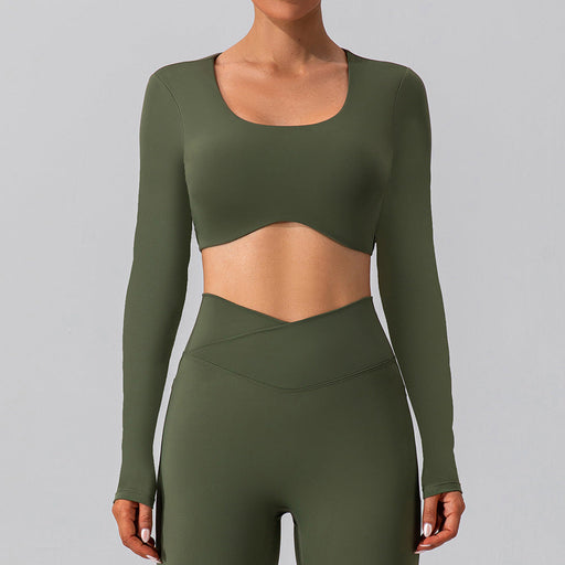 Color-Olive Green-Autumn Winter Sexy Tight Long Sleeve Yoga Wear Outdoor Quick Drying Exercise T Shirt Running Nude Feel Workout Clothes Top-Fancey Boutique