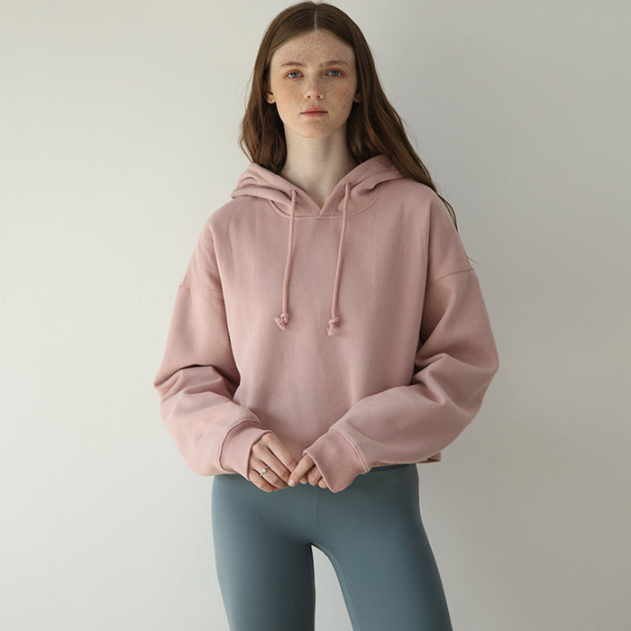 Color-Sports Loose Cropped Hoodie Women Autumn Winter Fleece-lined Solid Color Minimalist Long Sleeve Top-Fancey Boutique