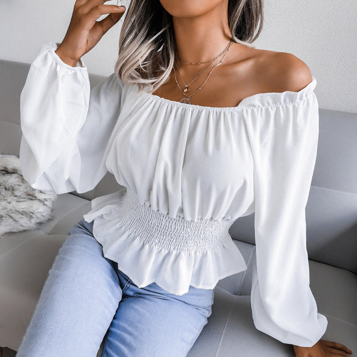 Color-Real Shot Autumn Winter Sexy Off Shoulder Off Shoulder Hem Ruffled Chiffon Shirt Top Women Clothing-Fancey Boutique