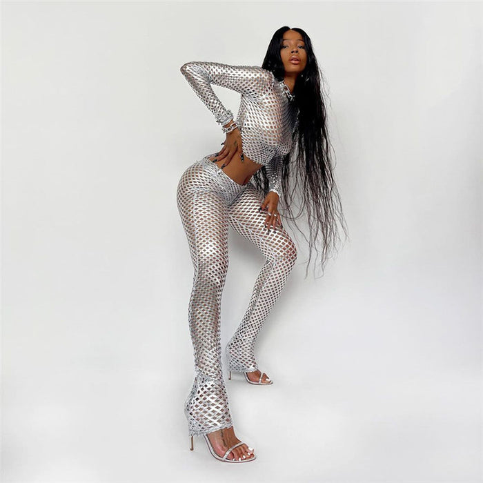 Color-Metallic Coated Fabric Fall Women Clothing Nightclub Performance Long Sleeve round Neck Net Hole Sexy Tight Trousers Two-Piece Set-Fancey Boutique