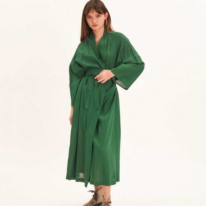 Color-Autumn Cotton Linen Long Sleeve Nightgown Long Green Pajamas Ladies Home Bathrobe Comfortable Loose Bathrobe-Fancey Boutique