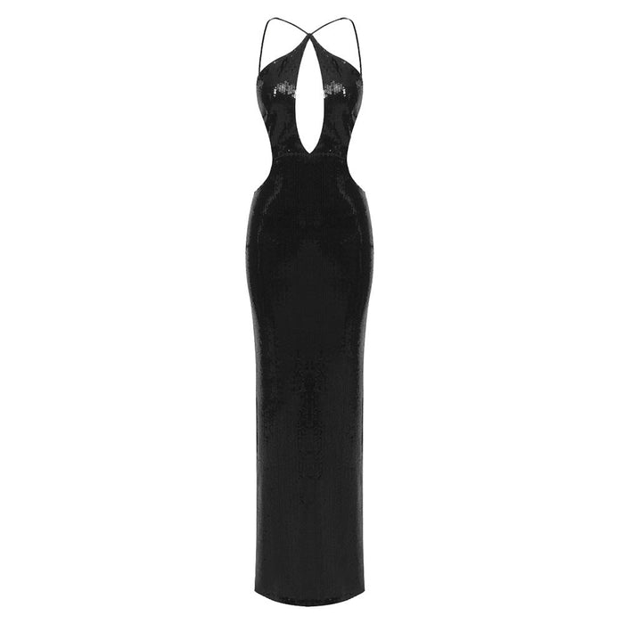 Color-Black-Summer Sexy Nightclub Cutout Halter Backless Sequin Maxi Dress Women Clothing Dress-Fancey Boutique