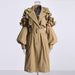 Color-Khaki-Office Mid Length Trench Coat Collared Long Sleeve Ruffled Slim Fit Patchwork Thin over the Knee Coat Women-Fancey Boutique