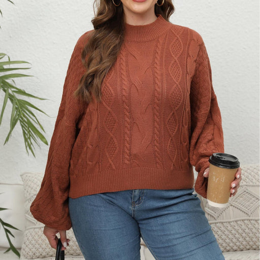 Color-plus Size Women Woven Sweater Women Clothes Autumn Winter Half Turtleneck Lantern Sleeve Cropped Pullover Sweater-Fancey Boutique