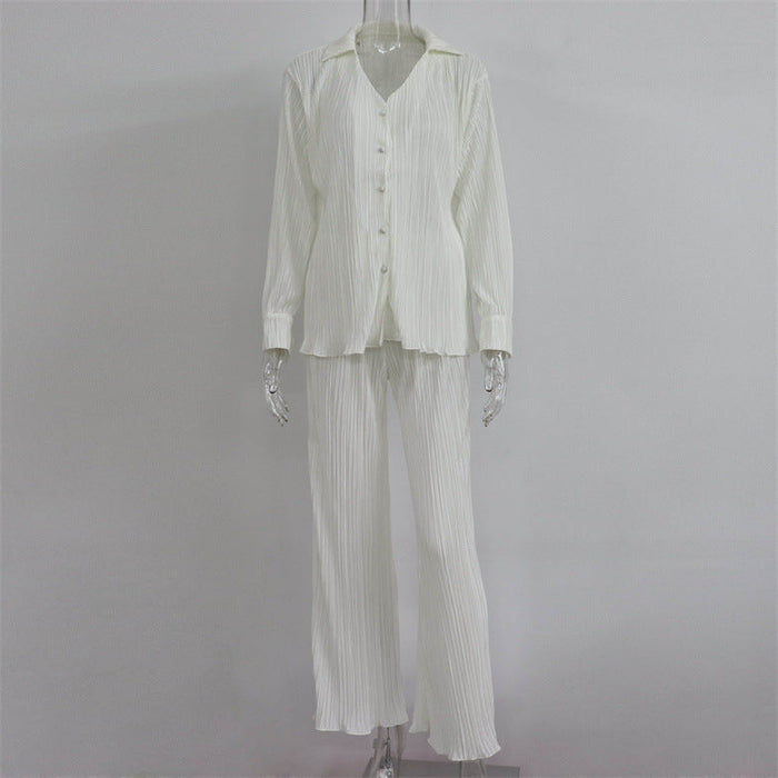 Color-Ivory-Summer Sexy Suit Women Clothing Pleated Long Sleeve V neck Shirt Casual Pants Two Piece Set-Fancey Boutique