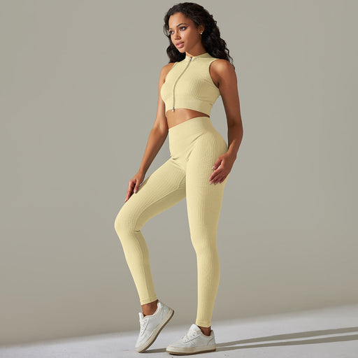 Color-Khaki-Seamless Knitted Zipper Thread Sexy Sports Vest Pants Yoga Clothes Fitness Suit Women-Fancey Boutique