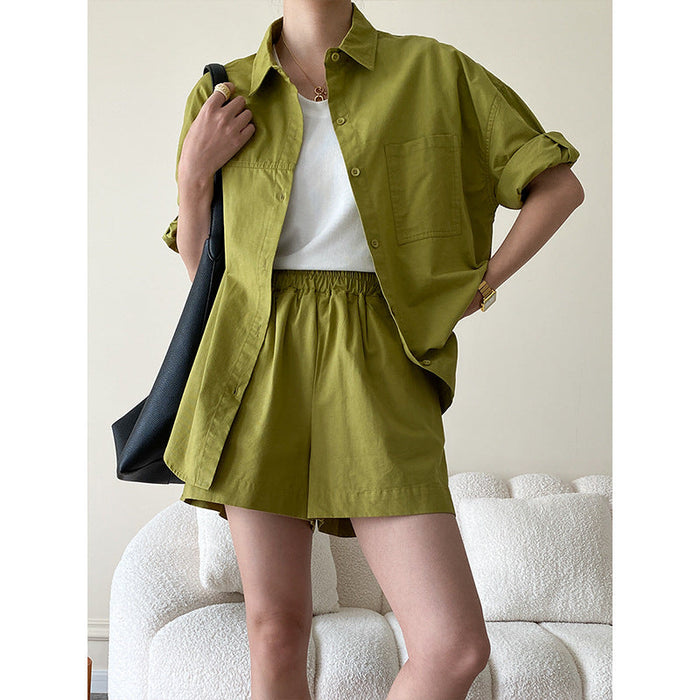 Color-Clothing Series Cotton Washed Profile Loose Shirt Shorts Two Piece Suit-Fancey Boutique