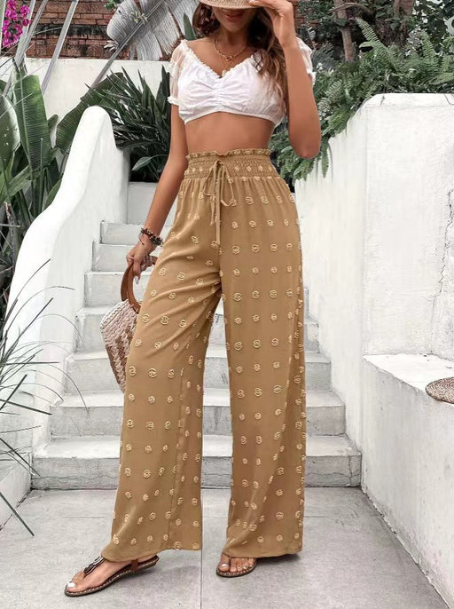 Color-Khaki-Casual Micro Elastic Loose Smocking High Waist Jacquard Casual Pants Wide Leg Pants Trousers for Women-Fancey Boutique
