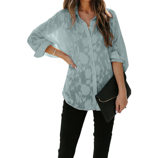 Color-Blue-Thin Lapels Shirt Women Autumn Summer Solid Color Start Long Sleeve Shirt-Fancey Boutique