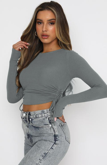 Color-Solid Color Drawstring round Neck Long Sleeve Cropped T-shirt Street Tide Brand Thread Top-Fancey Boutique