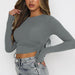 Color-Solid Color Drawstring round Neck Long Sleeve Cropped T-shirt Street Tide Brand Thread Top-Fancey Boutique