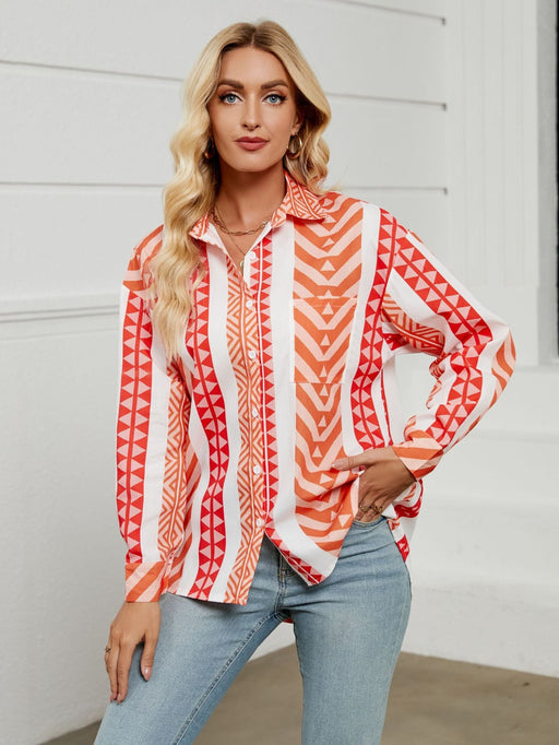 Color-Orange-Women Bohemian Collared Shirt Striped Shirt Casual Women Top-Fancey Boutique