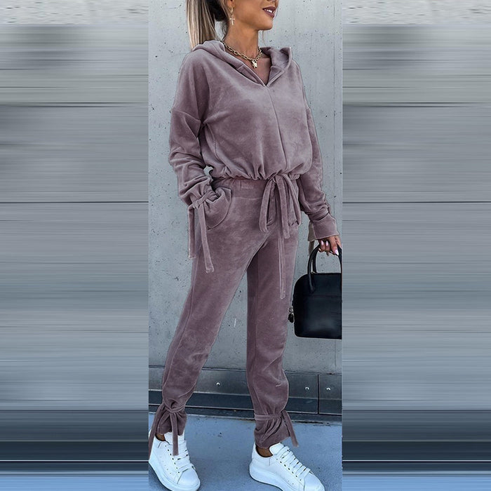 Color-Autumn Winter Women Clothing Loose Pleuche Long Sleeve Hooded Sweater Trousers Set-Fancey Boutique