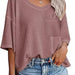 Color-Khaki-Summer Women Clothing V neck Pocket Waffle Casual Short-Sleeved T shirt-Fancey Boutique