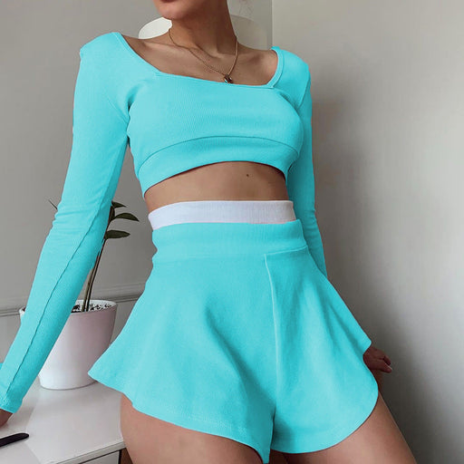 Color-Blue-Sports Women Clothing Contrast Color Fit Top Sexy Culottes Suit-Fancey Boutique