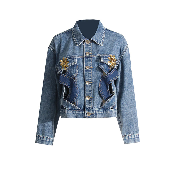 Color-Spring Hollow Out Cutout Jacket Top Unique Design Floral Casual Denim Coat for Women-Fancey Boutique