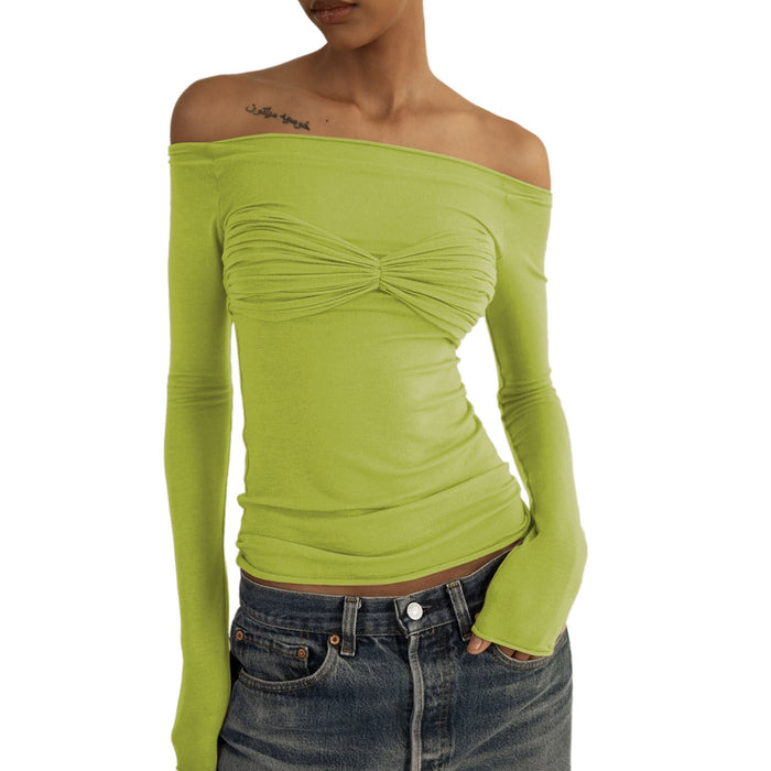 Color-Green-Spring Summer Best Women Clothes Lightweight See through off Neck T shirt Top-Fancey Boutique