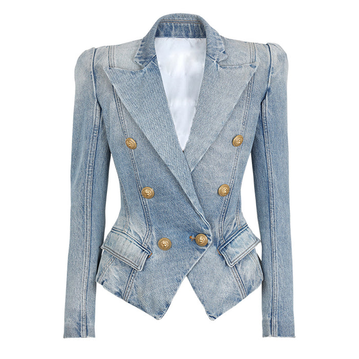 Color-Stars Slim Double Breasted Lion Button Denim Blazer-Fancey Boutique