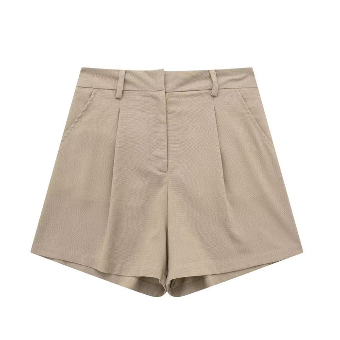 Color-Khaki Shorts-Summer V neck Solid Color Single Breasted Vest High Waist Wide Leg Pants Shorts Suit-Fancey Boutique