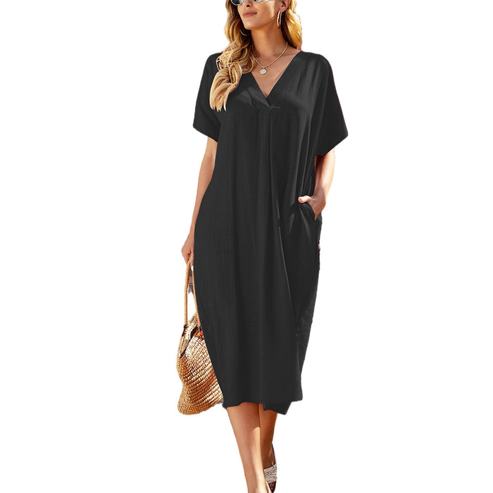 Color-Loose Simple Plain Midi Dress Summer V-neck French Dress Women-Fancey Boutique