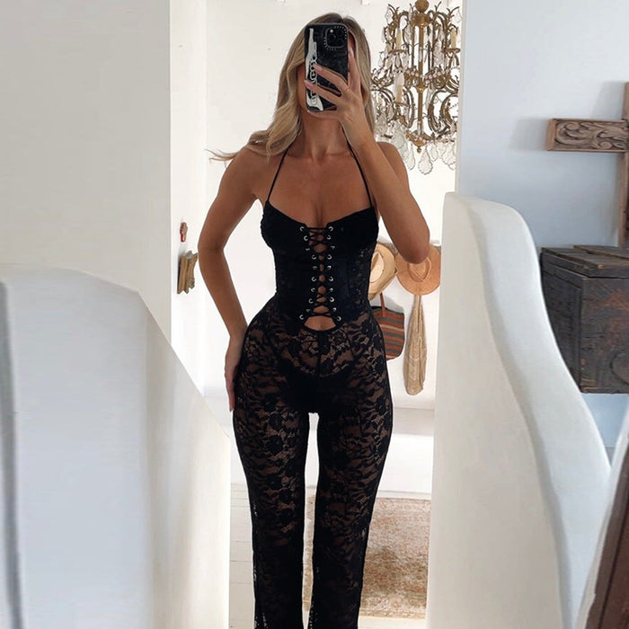 Color-Lace up Jumpsuit Autumn Lace Printed See through Trousers for Women-Fancey Boutique