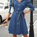 Color-Retro Waist Controlled Slimming Long Sleeve Denim Dress Women Belted Button-Fancey Boutique