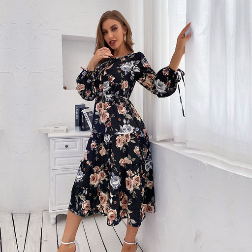 Color-Women Wear Long Sleeve Vintage Floral Dress Autumn-Fancey Boutique