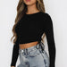 Color-Solid Color Drawstring round Neck Long Sleeve Cropped T-shirt Street Tide Brand Thread Top-Fancey Boutique