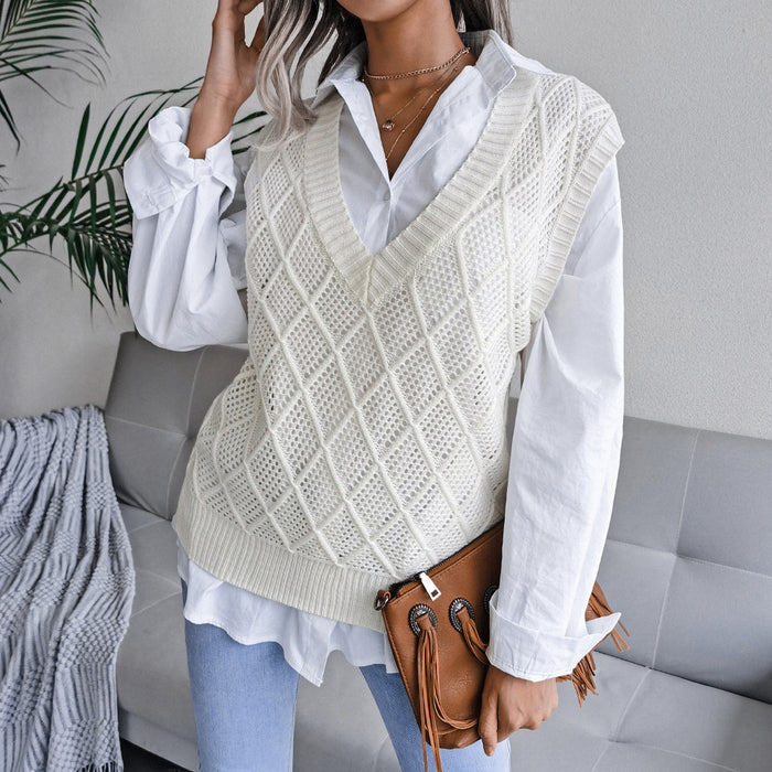 Color-Real shot autumn winter v-neck rhombus Hollow Out Cutout casual knitted sweater vest women clothing-Fancey Boutique