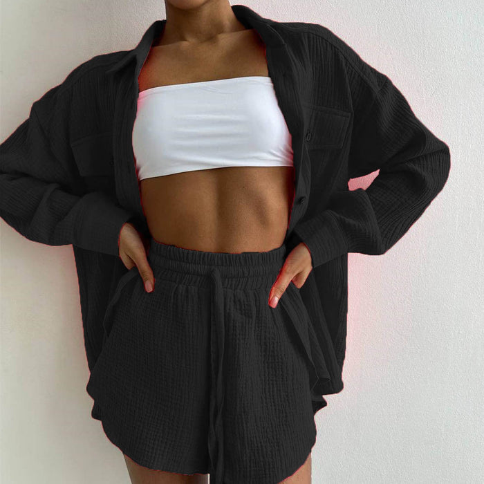 Color-Black-Women Clothing Spring Collared Loose Shirt High Waist Shorts Two Piece Set Casual Set-Fancey Boutique