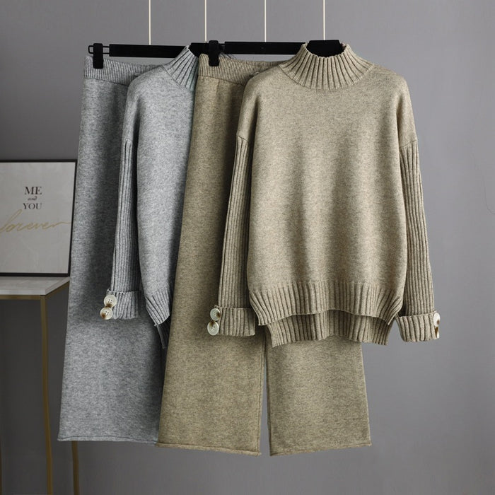 Color-Autumn Winter Knitting Suit Women Trendy Semi-High Collar Sweater Thickened Outer Wear Loose two piece set-Fancey Boutique