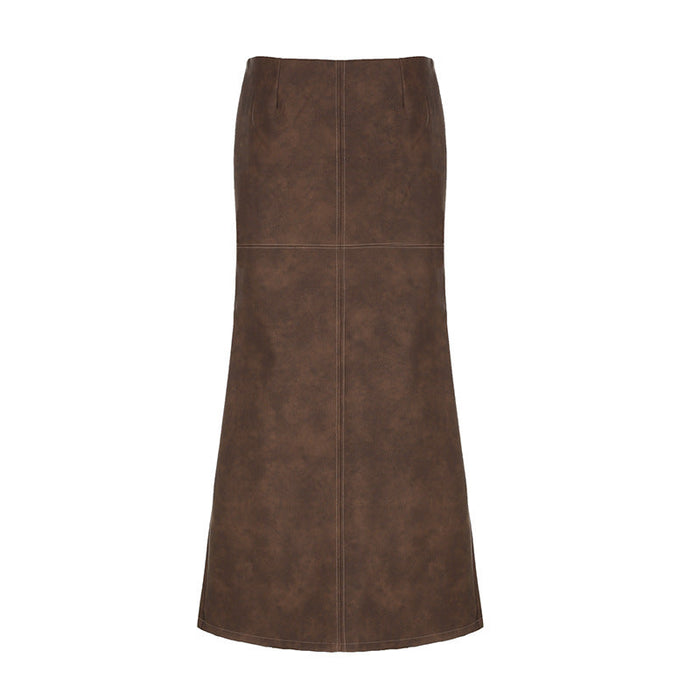 Color-Retro Brown Back Slit Leather Dress Women Early Autumn Low Waist Hip Wrapped Skirt-Fancey Boutique