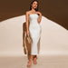 Color-Fall White off Shoulder Backless Slit High Waist Evening Dress Midi Dress Dress-Fancey Boutique