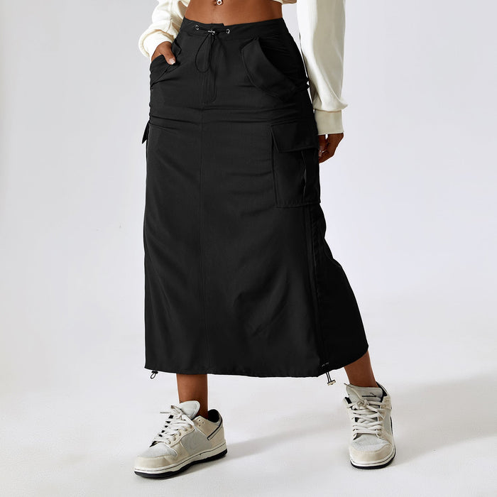 Color-Advanced Black-Retro Suit Skirt Waist Sports Casual Skirt Mid Length All Matching Work Clothes Pocket Skirt-Fancey Boutique