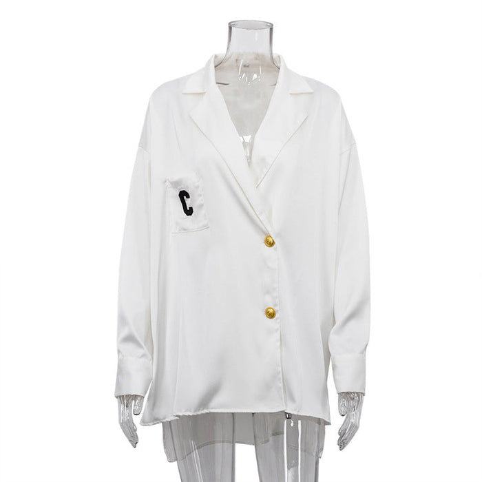 Color-White-Women Clothing Office Suit Collar Long Sleeve Loose Shirt Satin Drape White Shirt Top-Fancey Boutique
