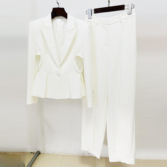 Color-Hollowed out Heart Shaped Slim Fit One Button Suit Split Trousers Suit Two Piece Set-Fancey Boutique