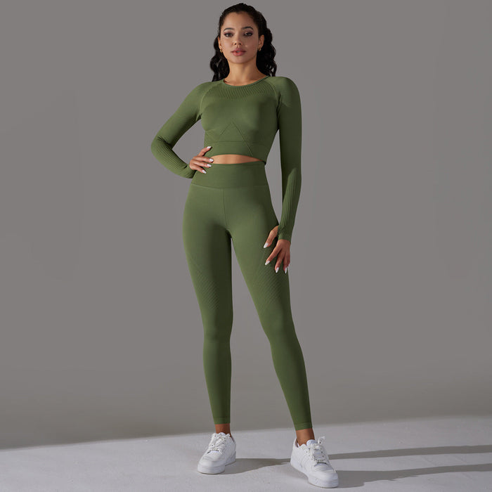 Color-Long-Sleeved Trousers Suit-Army Green-Yoga Wear Suit Seamless Breathable Vest Sports Underwear High Waist Hip Lift Fitness Pants Suit-Fancey Boutique